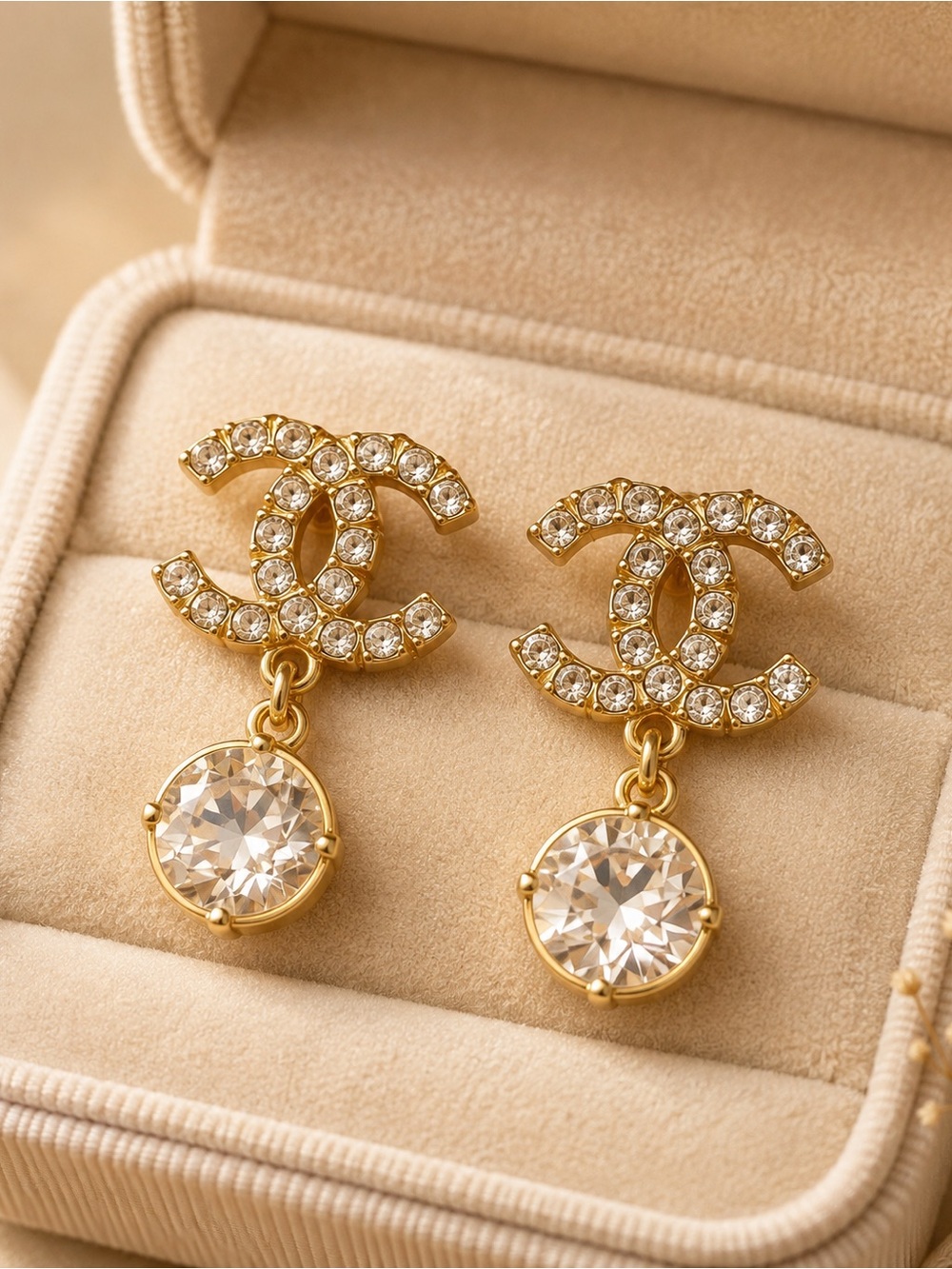Gold Tone Crystal Interlocking Drop Earrings Rhinestone Statement Glam